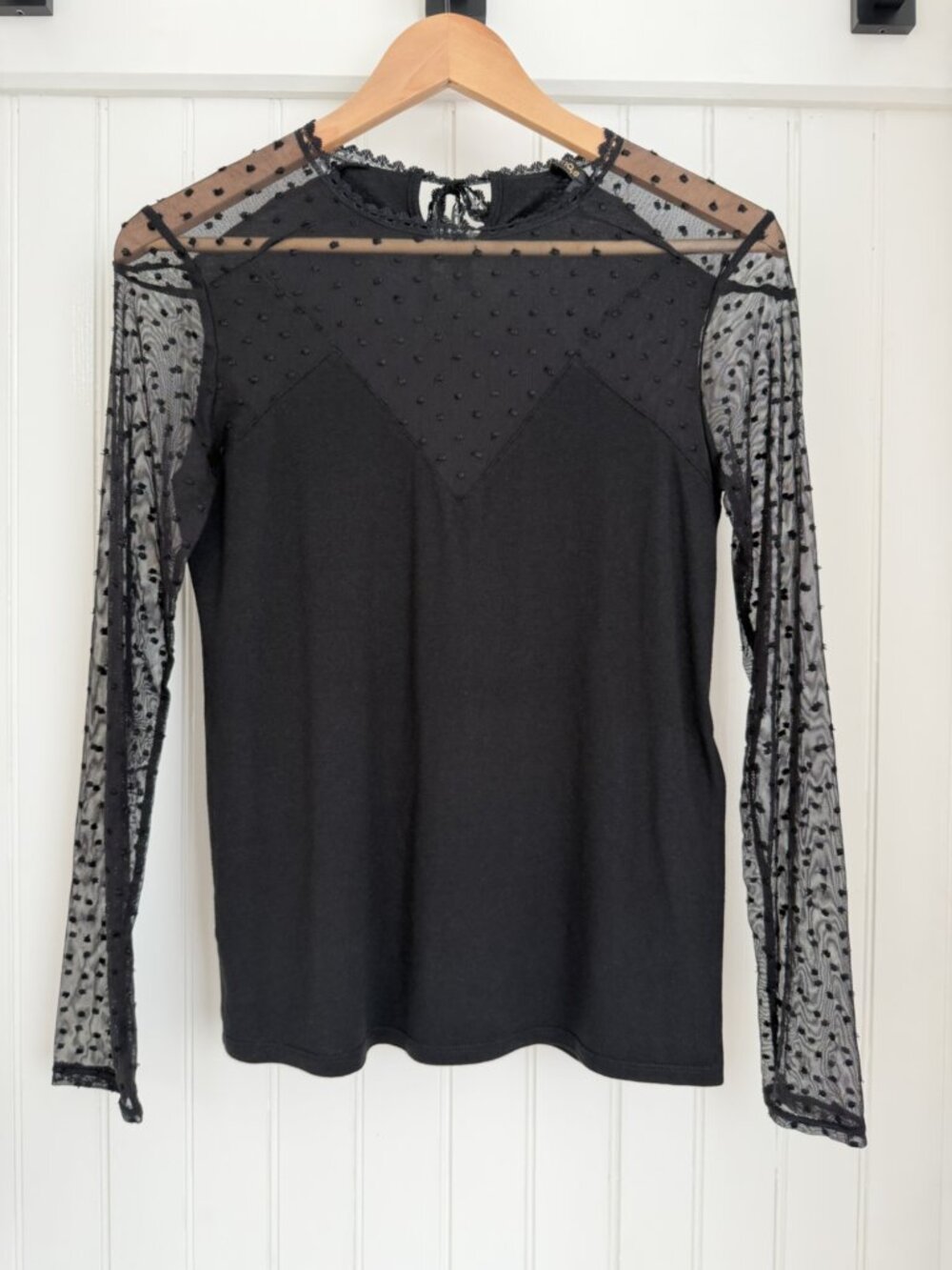Maje Tribador Black Sheer Swiss Dot Mesh Lace Long Sleeve Top — Sz 1 US S